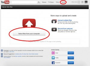 YouTube upload page, highlighting the "Upload" link and "Select files from your computer" button